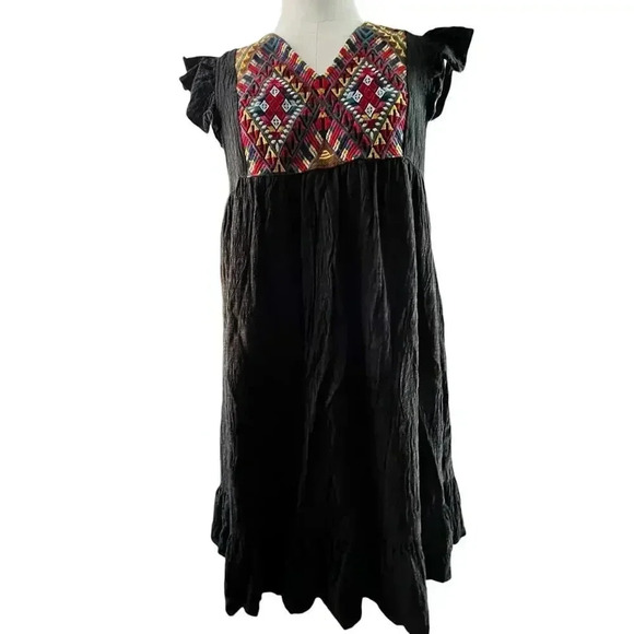 THML Dresses & Skirts - THML Women Small Dress Black Cotton Rayon‎ Embroidery Flutter Aztec Western SW